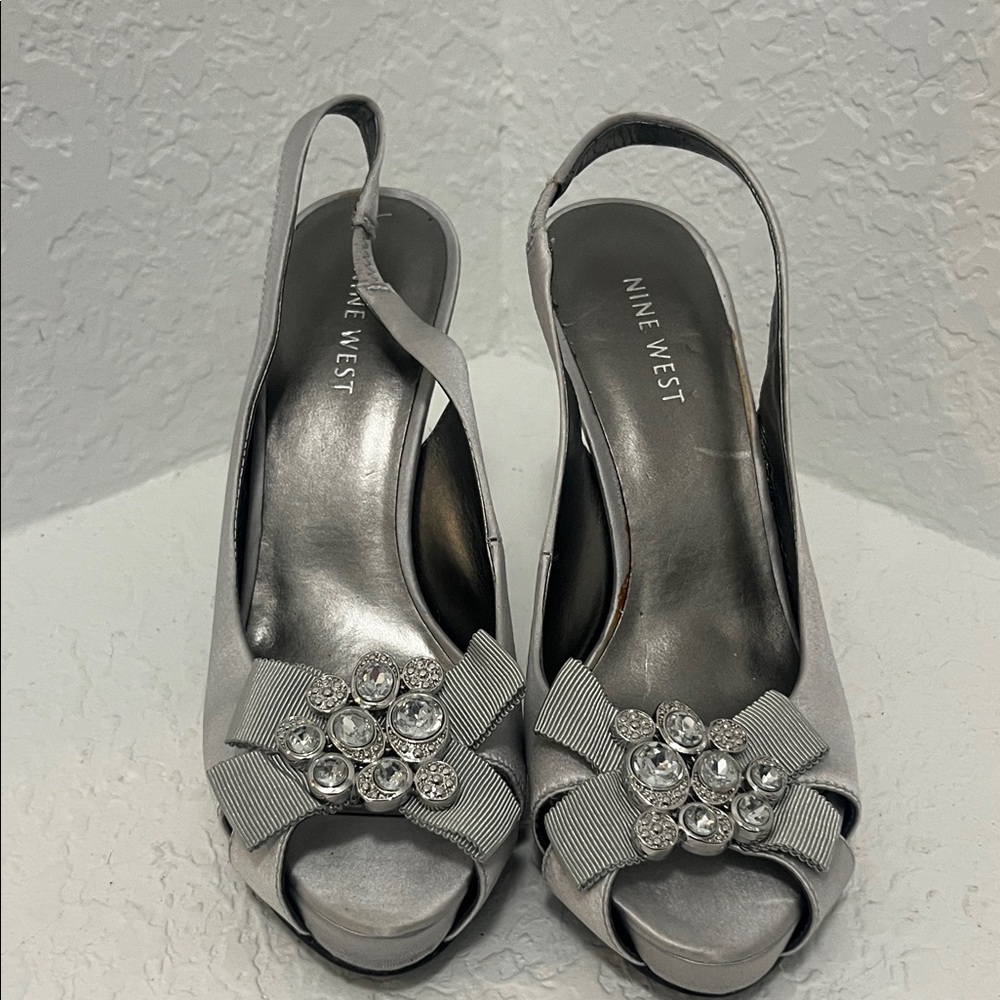 Nine West Metallic Slingback Heels with Rhinestone Embellishments & Peep Toe